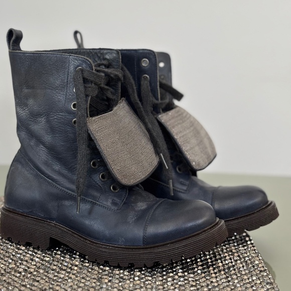 Brunello Cucinelli Navy Blue Distressed Rhinestone Embellished Combat Boots